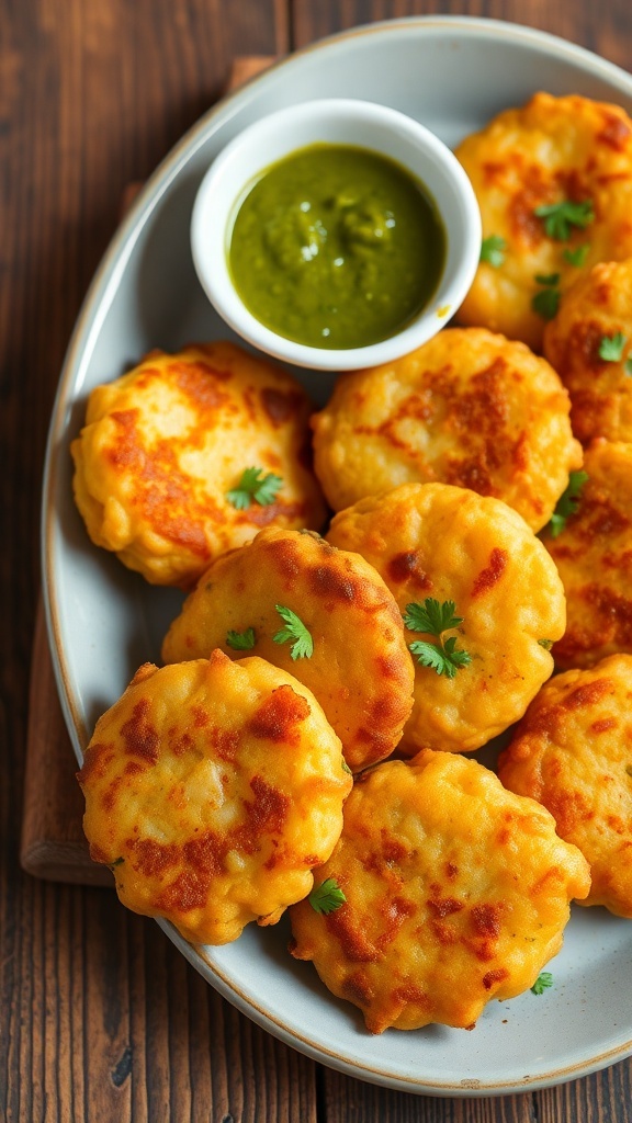 Crispy vegetable fritters on a plate with green chutney, garnished with cilantro.
